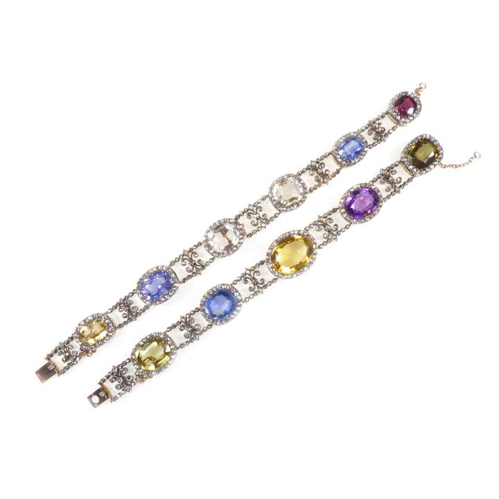 Set of two vari-coloured gem and diamond cluster bracelets forming a choker necklace